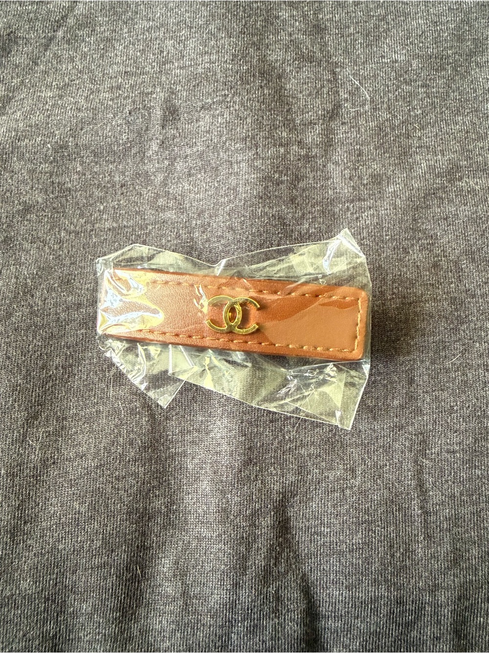 Tan Leather Hair Clip with Gold Interlocking Accent